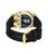 Herrenarmbanduhr mit schwarzem Silikonband, goldfarbener Schließe und Rückseite mit Motiv