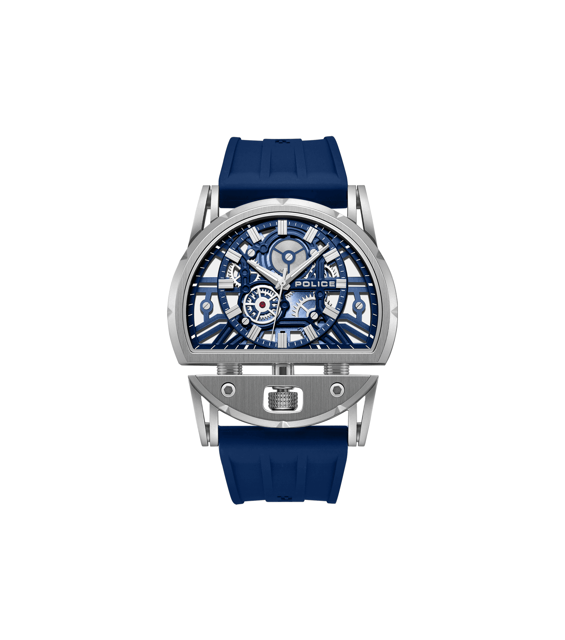 Herrenarmbanduhr mit blauem Silikonarmband, silbernes Gehäuse, blaues Skelettziffernblatt