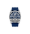 Herrenarmbanduhr mit blauem Silikonarmband, silbernes Gehäuse, blaues Skelettziffernblatt