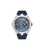 Herrenarmbanduhr Police mit silbernem Gehäuse, blauem Silikonband und Skelettzifferblatt