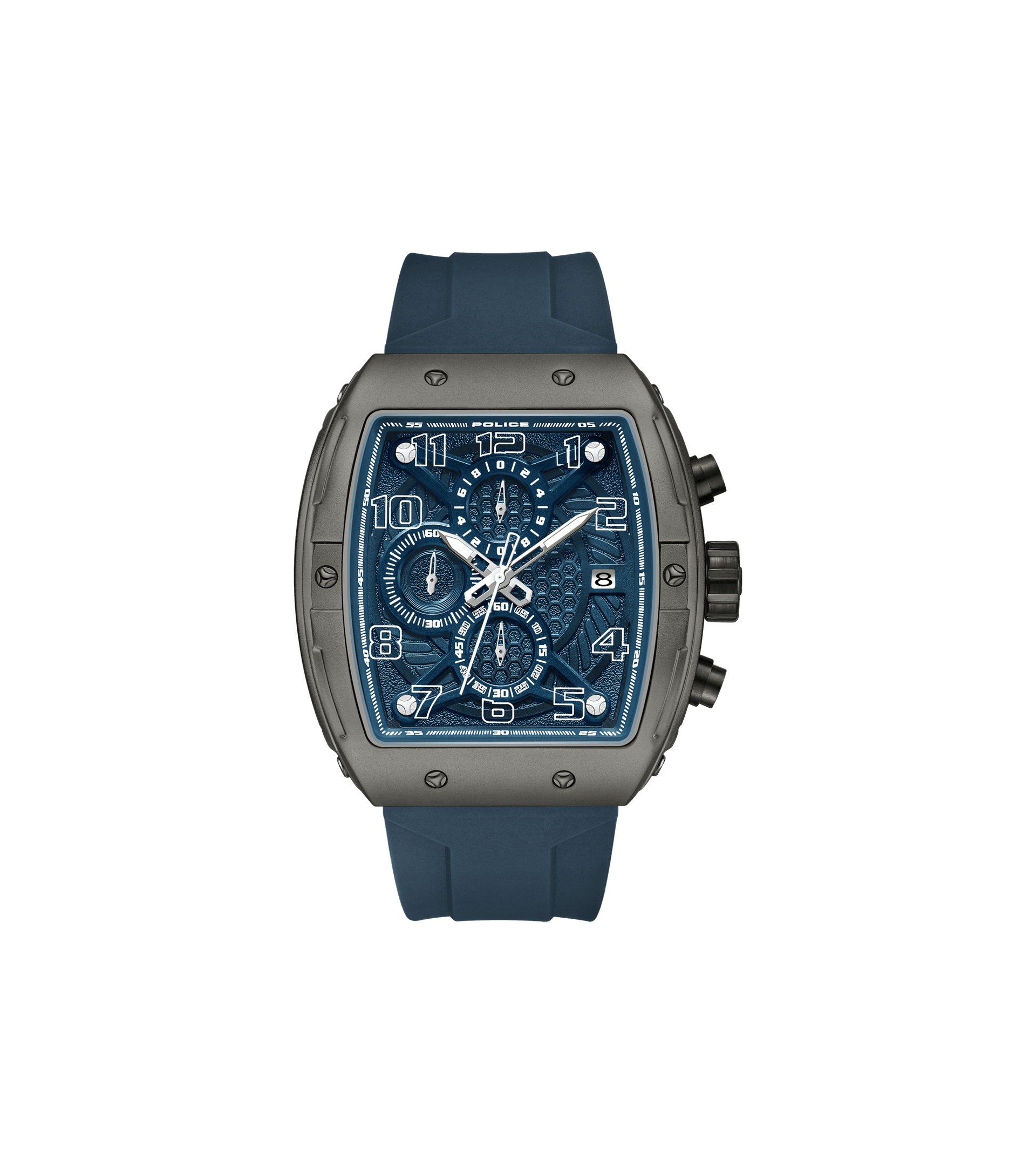 Herrenuhr mit blauem Silikonarmband, blauem Chronographenzifferblatt und rechteckigem Gehäuse