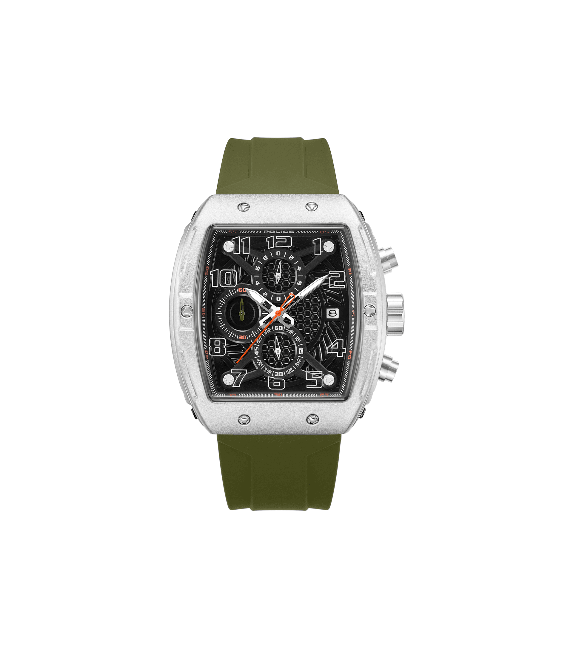 Police Herrenuhr mit silbernem Gehäuse, schwarzem Zifferblatt und olivgrünem Silikonarmband