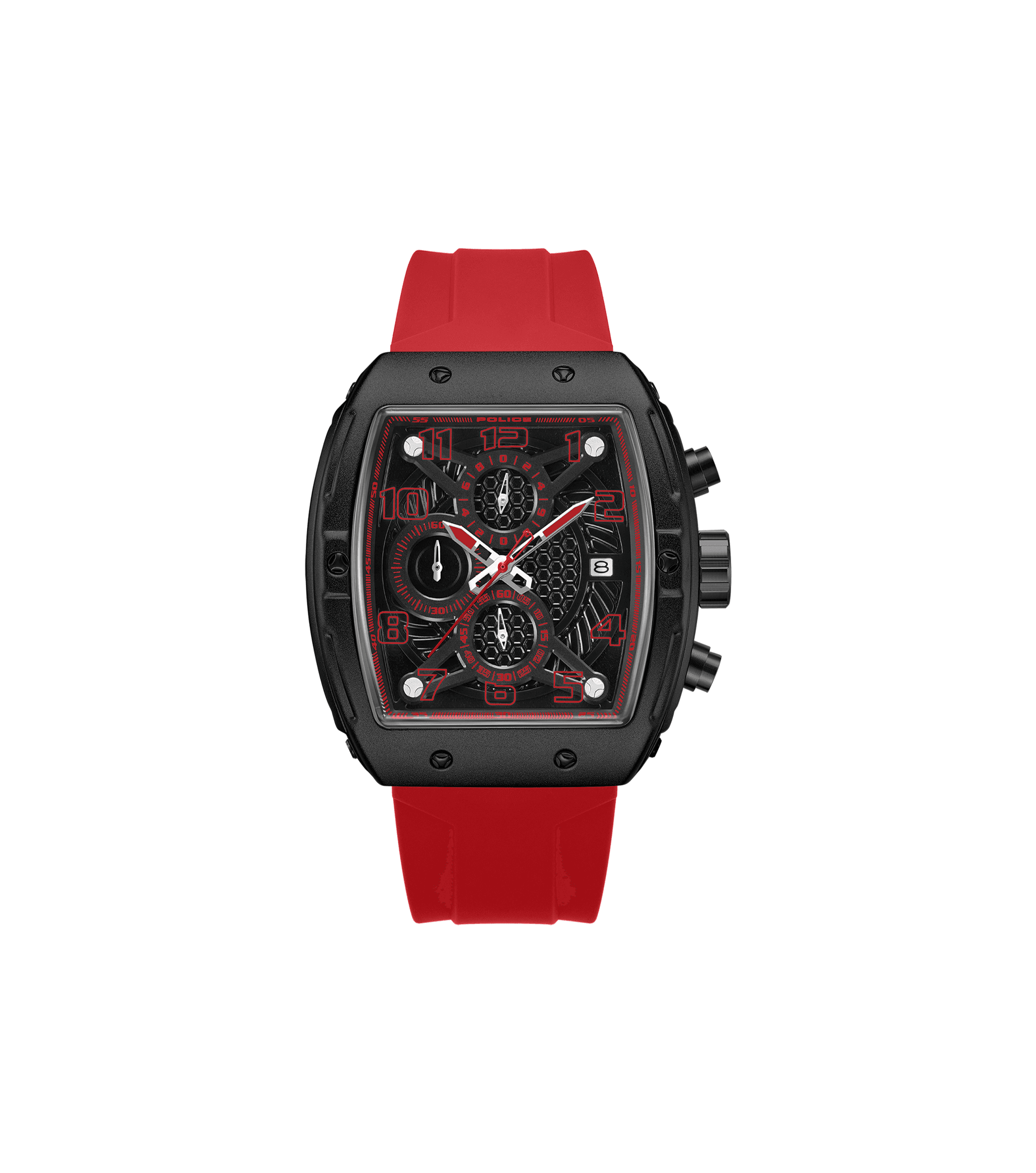 Police Herrenuhr: schwarzes Gehäuse, rotes Silikonband, Chronograph-Display
