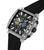Detailansicht: Chronograph-Uhr mit transparentem Gehäuse, schwarzem Armband und blau-gelbem Zifferblatt