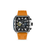 Quarzchronograph-Uhr mit schwarzem Zifferblatt und orangefarbenem Silikonarmband, Edelstahlgehäuse