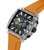 Herrenchronographen-Uhr: schwarzes Zifferblatt, silbernes Gehäuse, orangefarbenes Silikonarmband