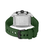 Herrenchronographen-Uhr von hinten mit grünem Silikonarmband und silbernem Gehäuse