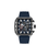Herren-Uhr mit blauem Silikonarmband, silbernes Gehäuse und Chronographen-Zifferblatt.