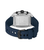 Herren-Uhr Rückansicht mit blauem Silikonarmband und silbernem Gehäuse.