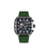 Herren-Uhr mit grünem Silikonarmband, silbernes Gehäuse und Chronographen-Zifferblatt.