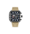 Herren-Uhr mit beigem Silikonarmband, silbernes Gehäuse und Chronographen-Zifferblatt.