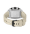 Herren-Uhr Rückansicht mit beigem Silikonarmband und silbernem Gehäuse.