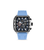 Herren-Uhr mit hellem blauem Silikonarmband, silbernes Gehäuse und Chronographen-Zifferblatt.