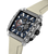 Herrenuhr Seitenansicht mit transparentem Gehäuse, Chronograph, hellbeiges Silikonband