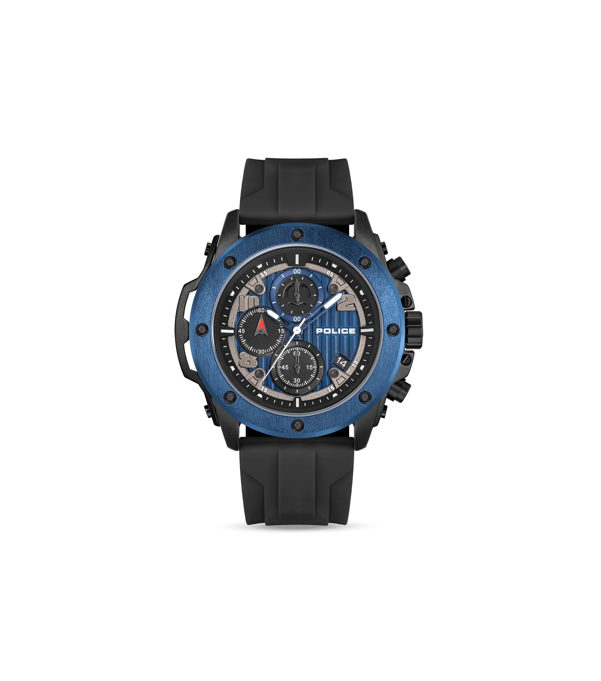 Herrenchronograph mit blauem Ziffernblatt und schwarzem Silikonarmband