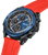 Detailaufnahme Herrenchronograph: schwarzer Rahmen, blaues Ziffernblatt, rotes Armband