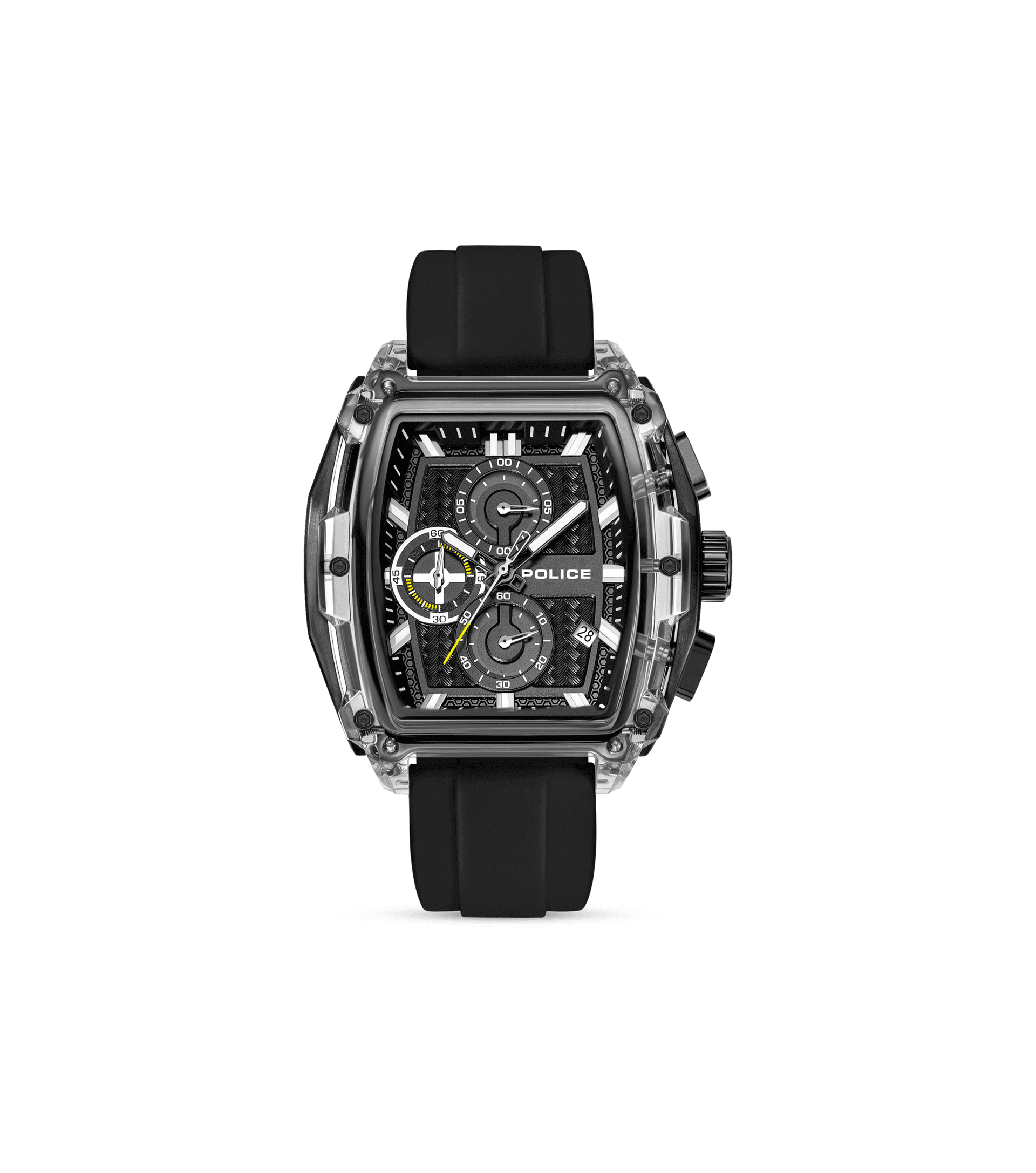 Herrenarmbanduhr mit schwarzem Silikonarmband und poliertem Gehäuse, schwarzem Zifferblatt
