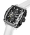 Herrenarmbanduhr mit schwarzem Chronographenzifferblatt und weißem Silikonarmband, seitlich