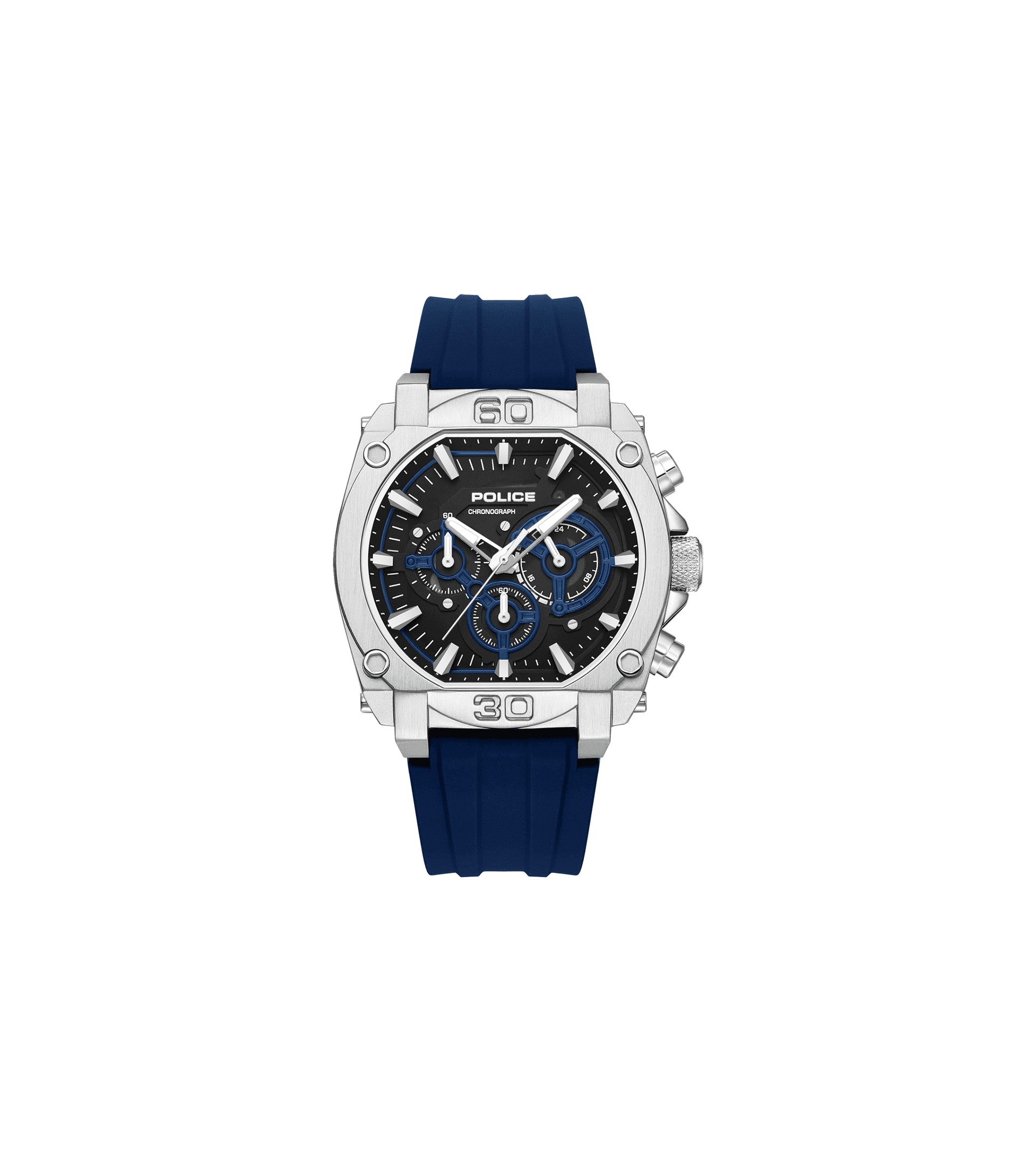 Police Norwood Herrenuhr: blaues Silikonarmband, Chronograph, Edelstahlgehäuse