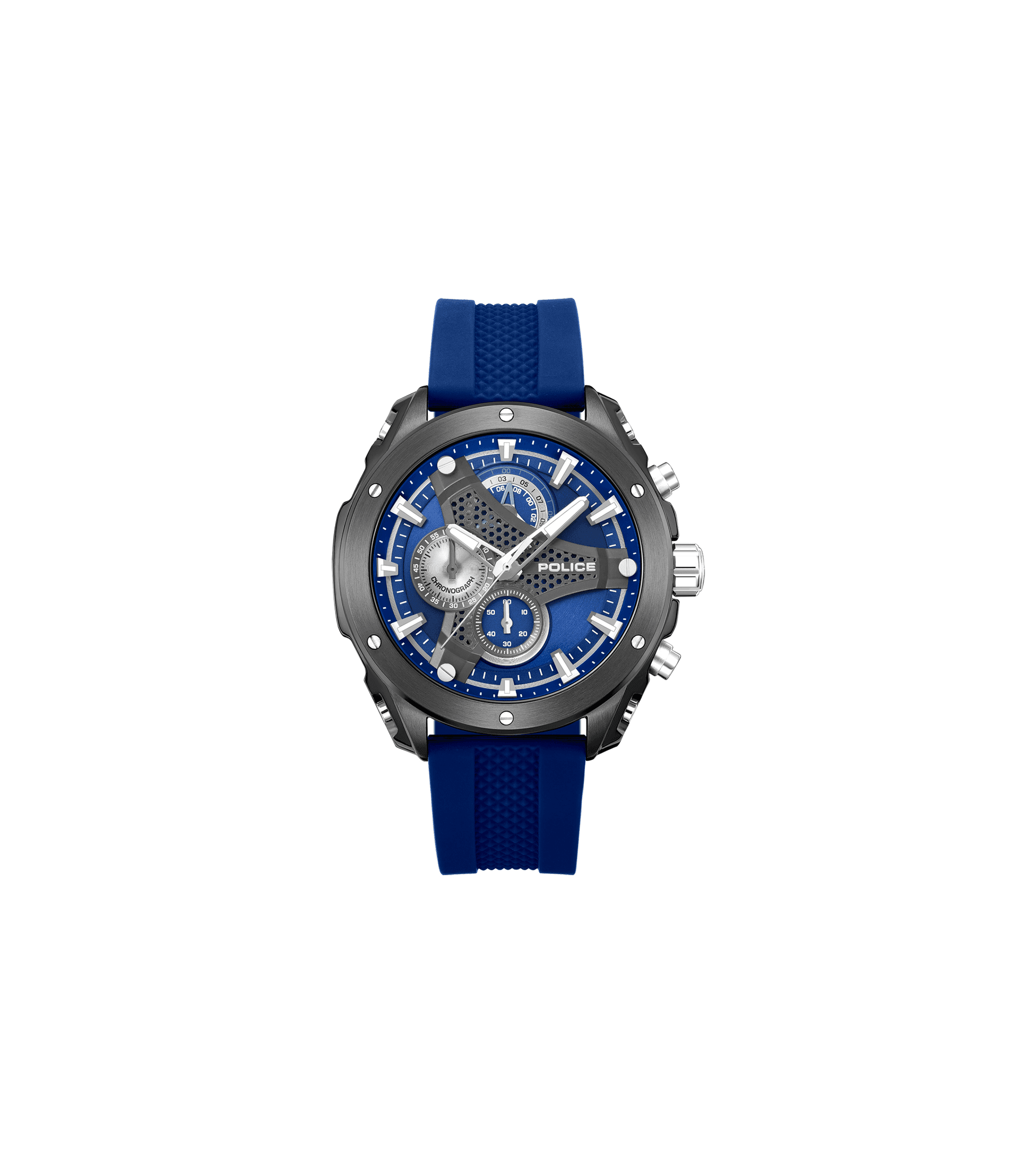 Herren-Quarzchronograph-Uhr mit blauem Zifferblatt, Stahlgehäuse und blauem Silikonarmband