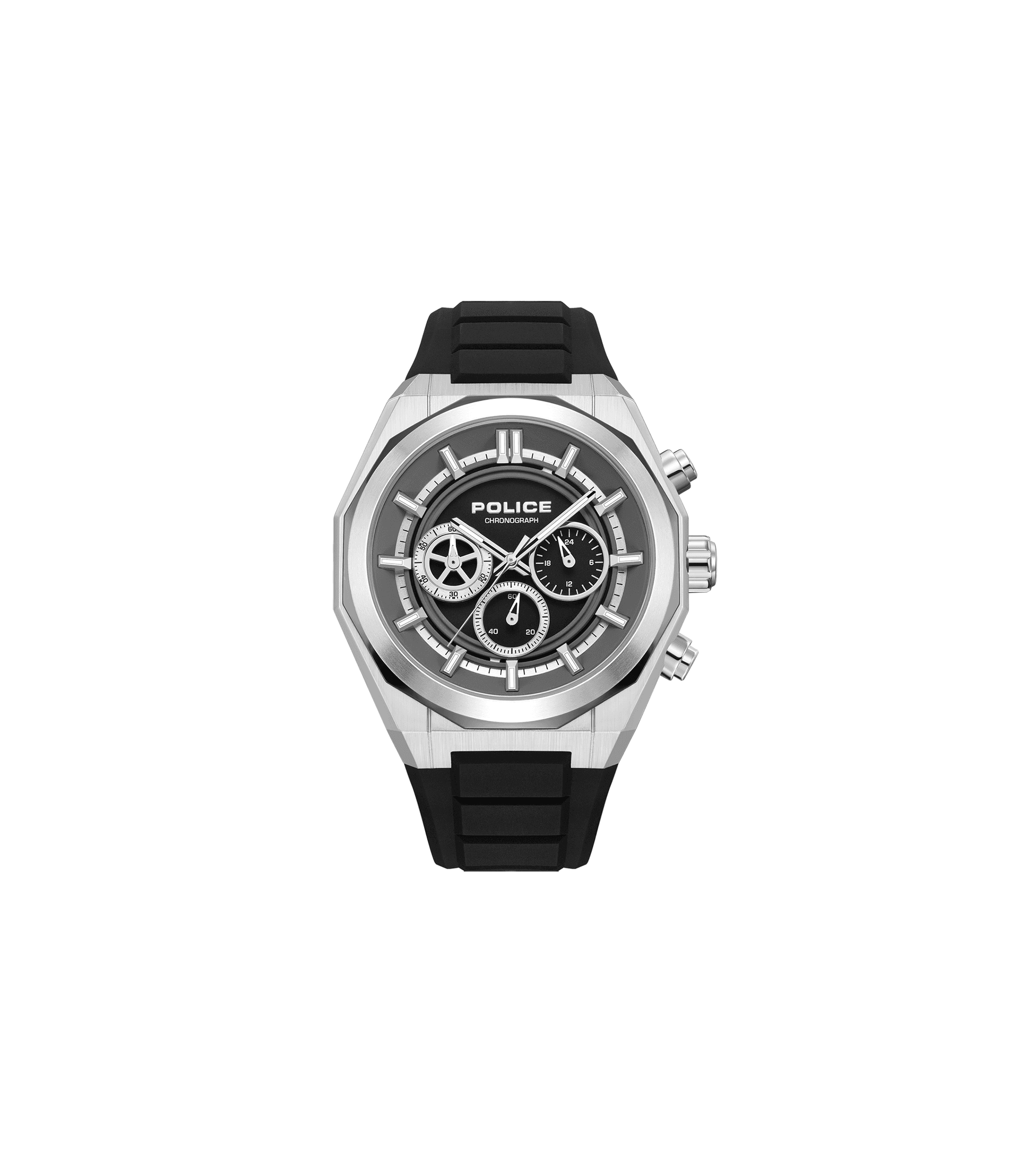 Herrenuhr mit schwarzem Silikonarmband, Edelstahlgehäuse und Chronographen-Display