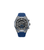 Herrenuhr: blaues Silikonarmband, Stahlgehäuse, schwarzes Chronographenzifferblatt