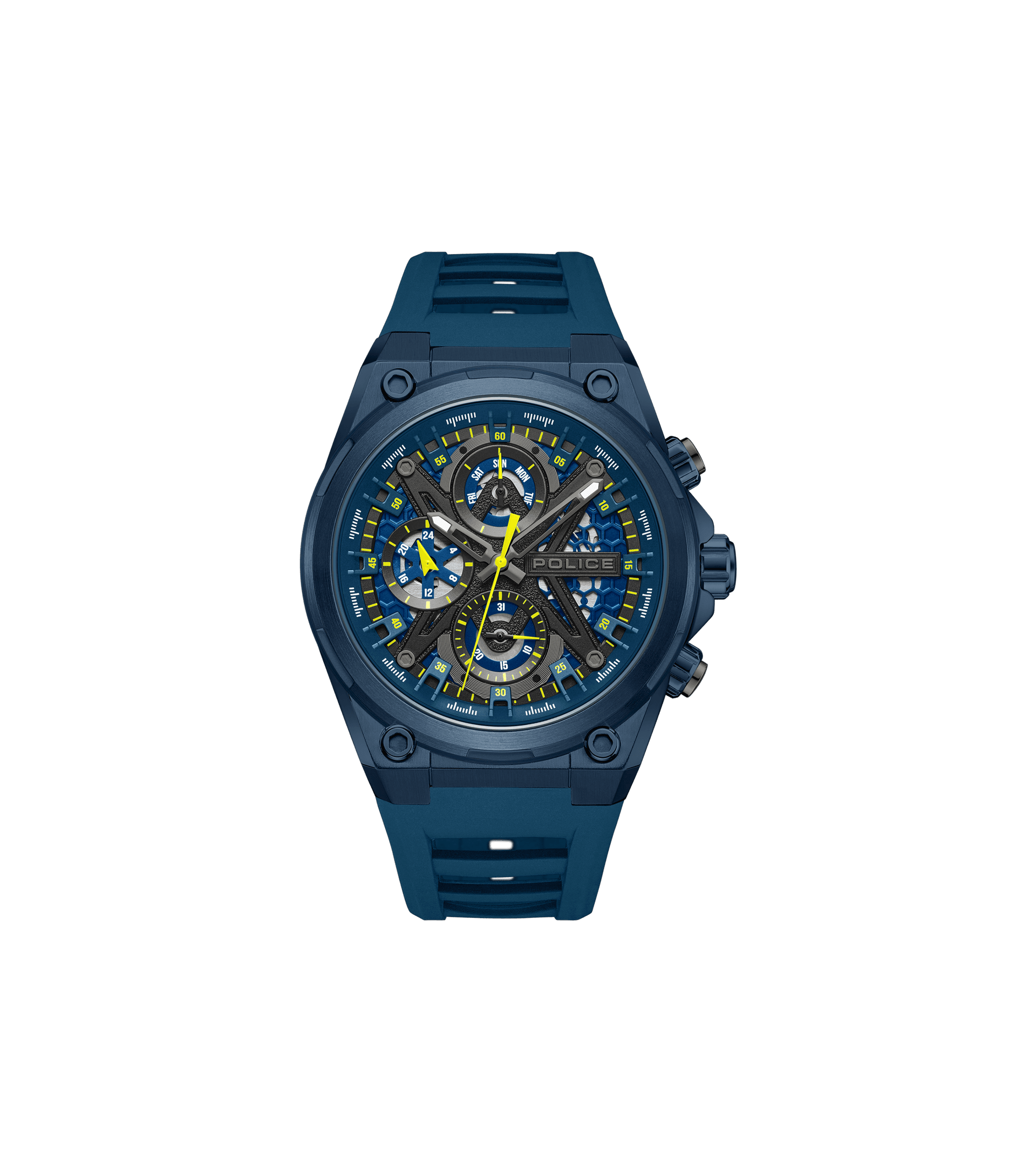 Herrenuhr mit blauem Silikonarmband, rundem Zifferblatt und Multifunktionsanzeige