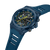 Herrenuhr, blaues Gehäuse mit gelben Akzenten, großes Multifunktionszifferblatt