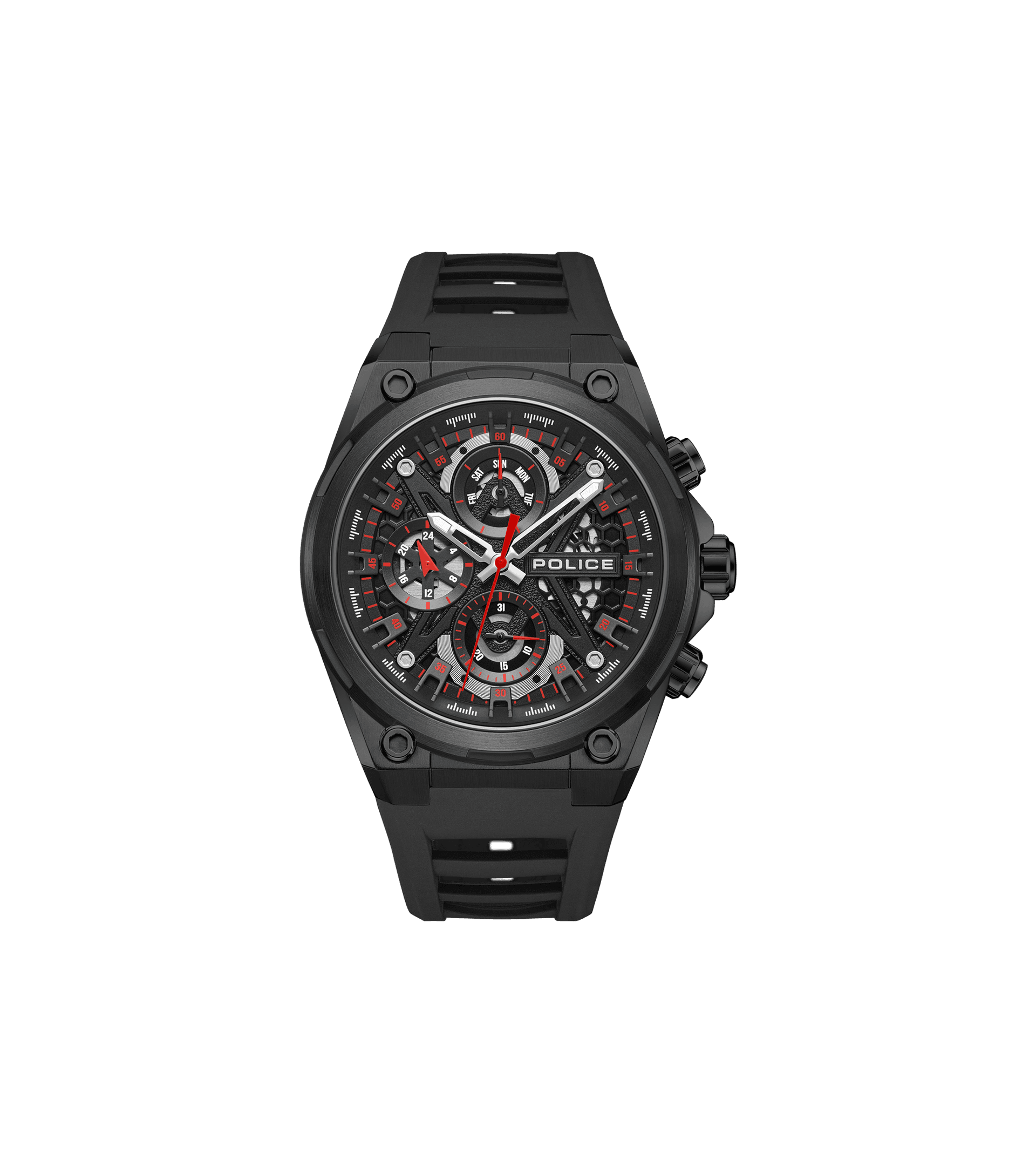 Herrenarmbanduhr mit schwarzem Gehäuse, skelettiertem Zifferblatt und roter Chrono-Anzeige