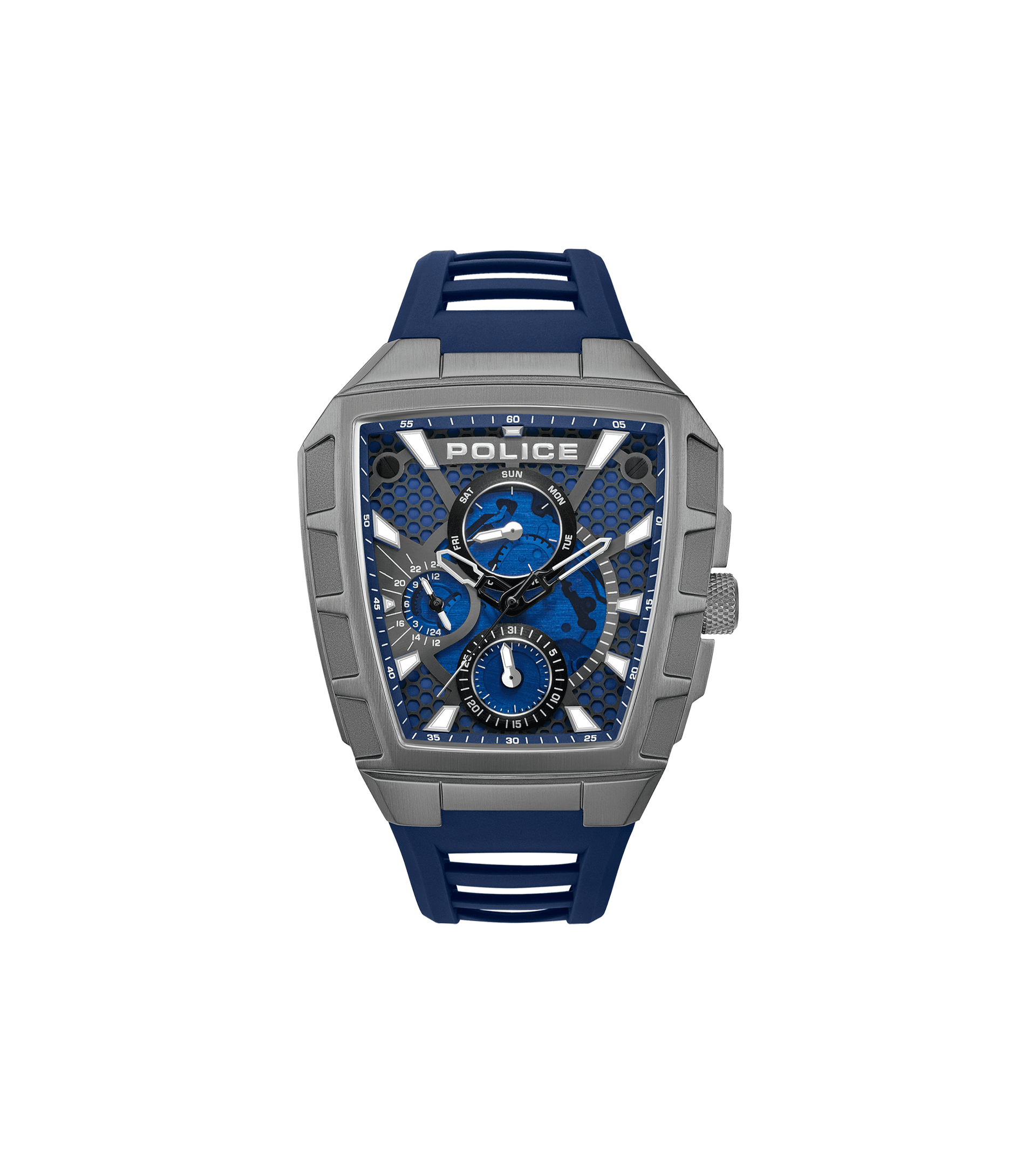 Herrenarmbanduhr mit blauem Silikonarmband, silbernem Gehäuse und blauem Zifferblatt