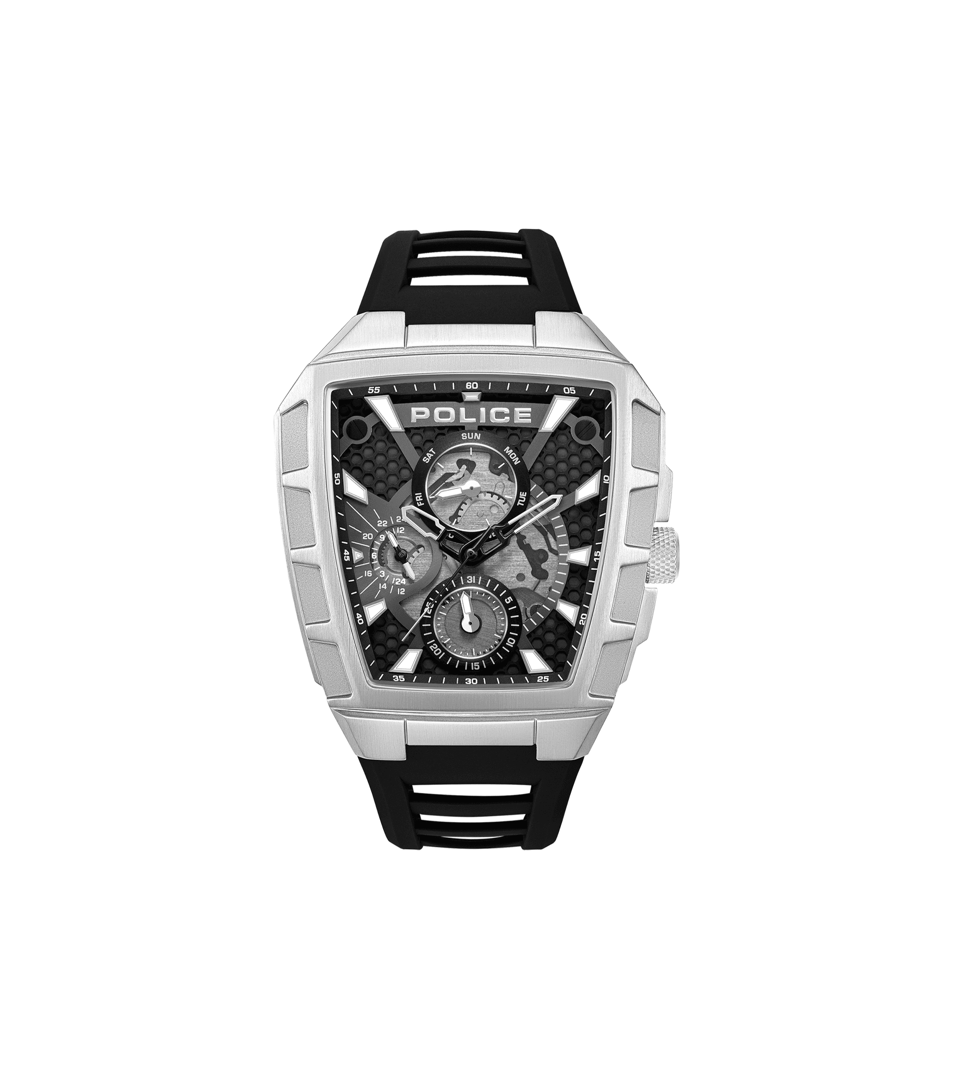 Herrenarmbanduhr Police Tough Gear, silber-schwarz, Mineralglas, Multifunktionszifferblatt