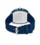 Herrenarmbanduhr mit blauem Silikonband und sichtbarem Gehäuseboden