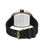 Herrenarmbanduhr mit grünem Gehäuseboden, schwarzem Silikonarmband und Dornschließe.