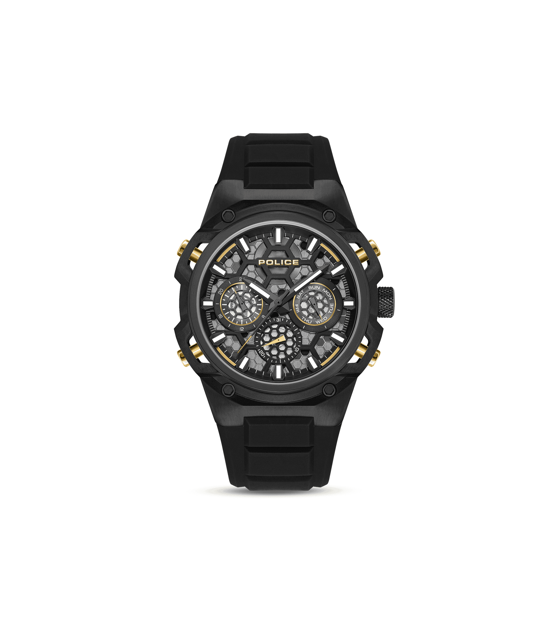 Herrenuhr mit schwarzem Silikonarmband, rundem Gehäuse und Multifunktions-Zifferblatt