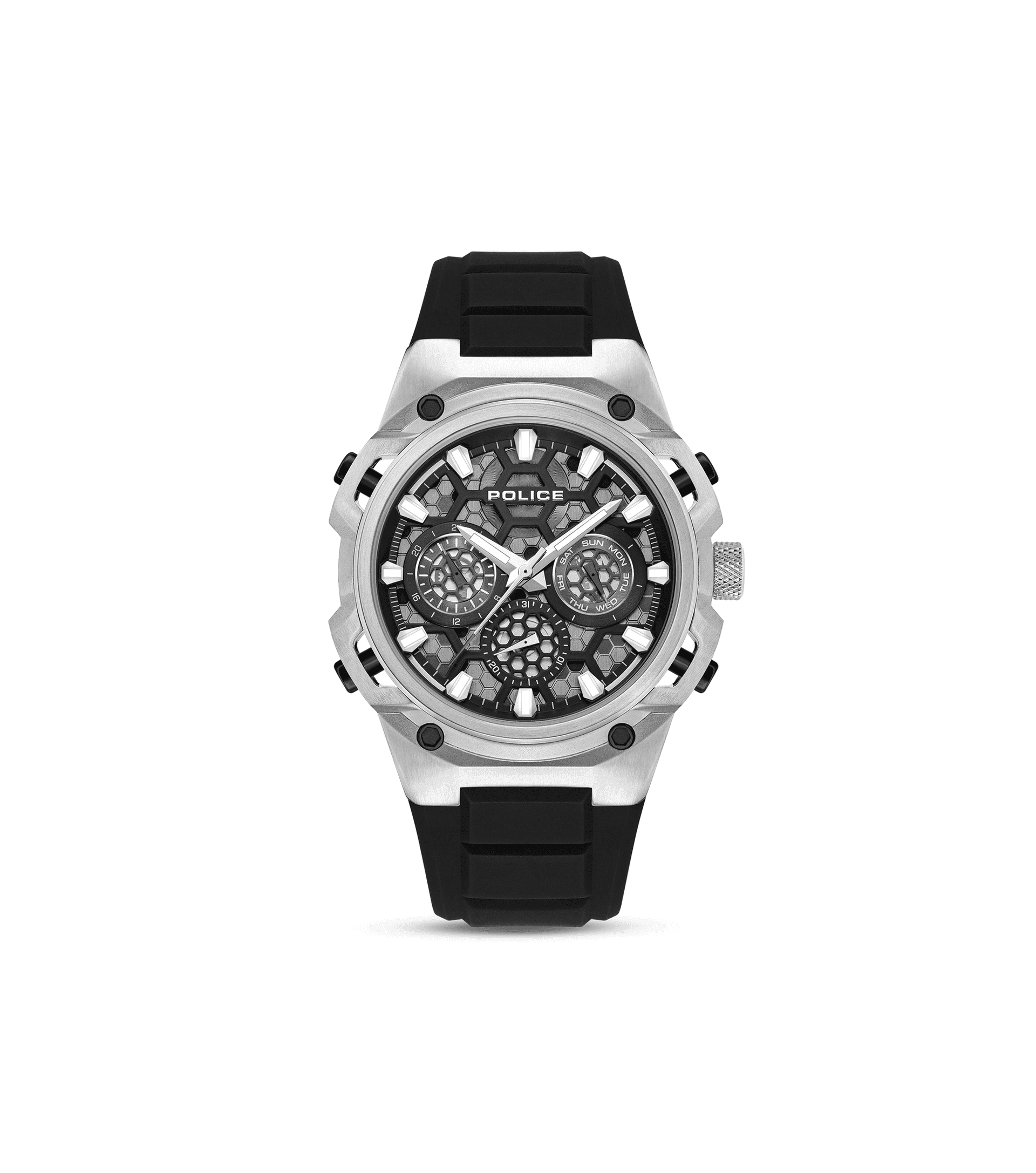 Police Herrenuhr mit schwarzem Silikonarmband, silbernem Gehäuse und Chronographenanzeigen