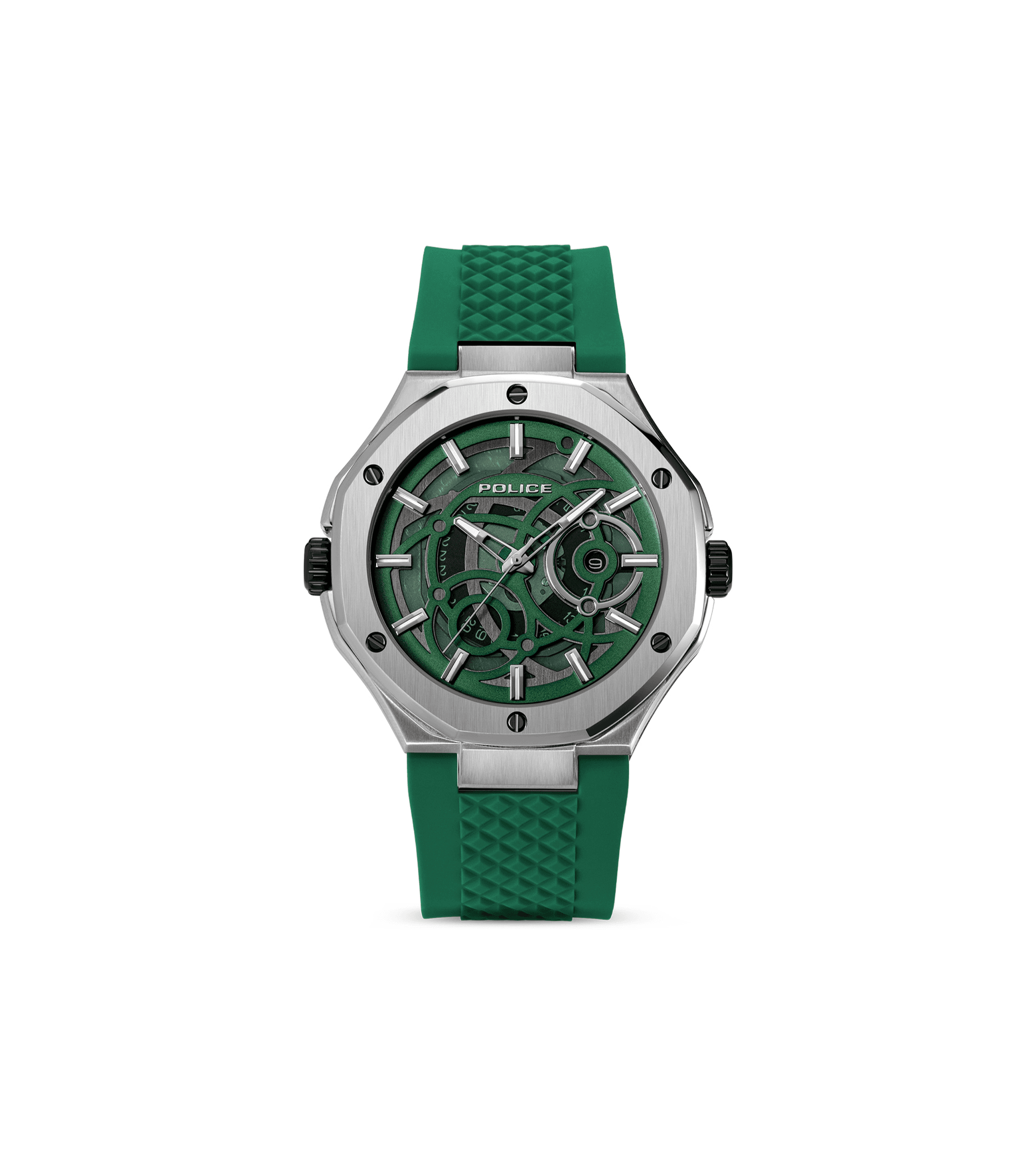 Herrenuhr mit grünem Silikonband, silbernem Gehäuse und grünem Skelett-Zifferblatt