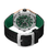 Herrenuhr mit grün-schwarzem Silikonband, silbernes Gehäuse, Rückseite mit grünem Mechanik-Layout