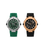 Zwei Herrenuhren nebeneinander: grün-silber und schwarz-roségold mit Dual-Zifferblatt