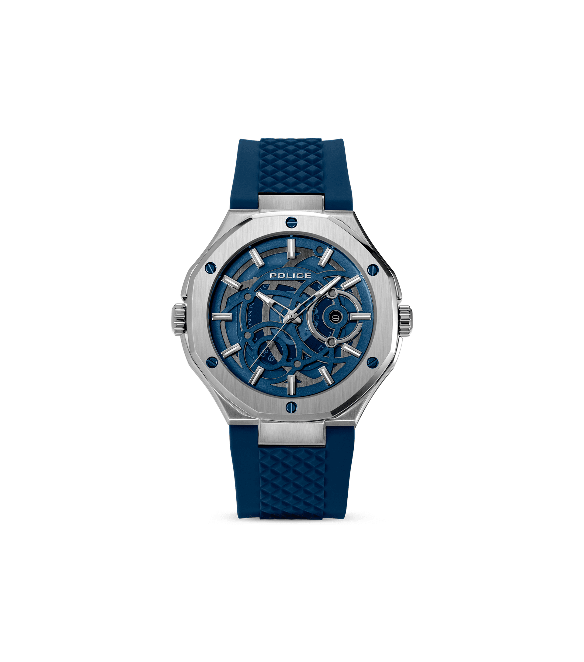 Herrenuhr mit blauem Silikonarmband, silberfarbenem Gehäuse und blauem Skelettzifferblatt