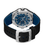 Herrenuhr von oben: blaues und schwarzes Silikonarmband, silberfarbenes Gehäuse mit blauem Zifferblatt