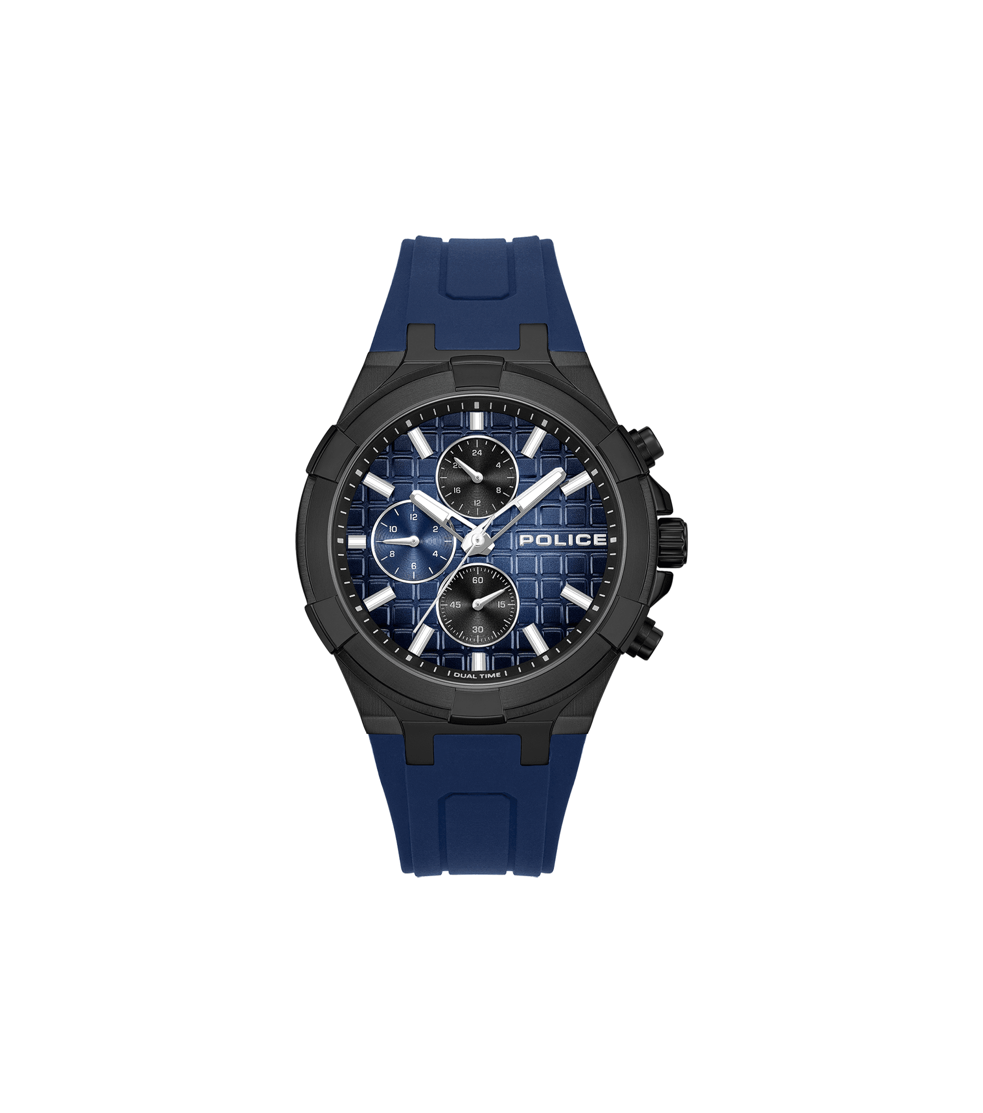 Herrenuhr mit blauem Silikonarmband, schwarzem Gehäuse und mehrfarbigem Zifferblatt