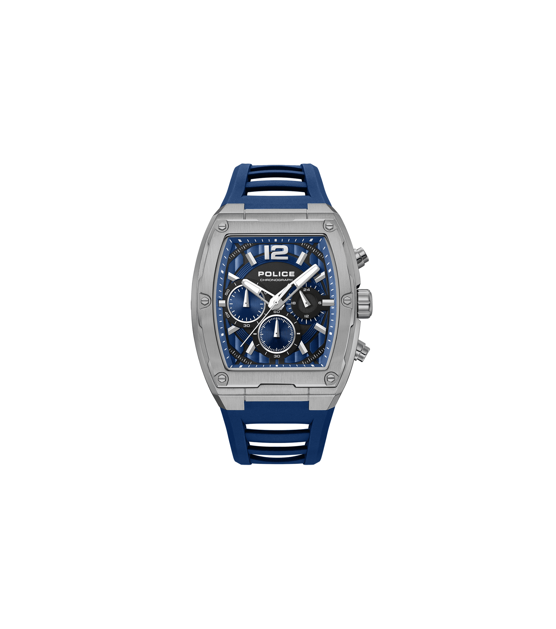 Herrenarmbanduhr Police mit blauem Zifferblatt, Edelstahlgehäuse und Silikonband