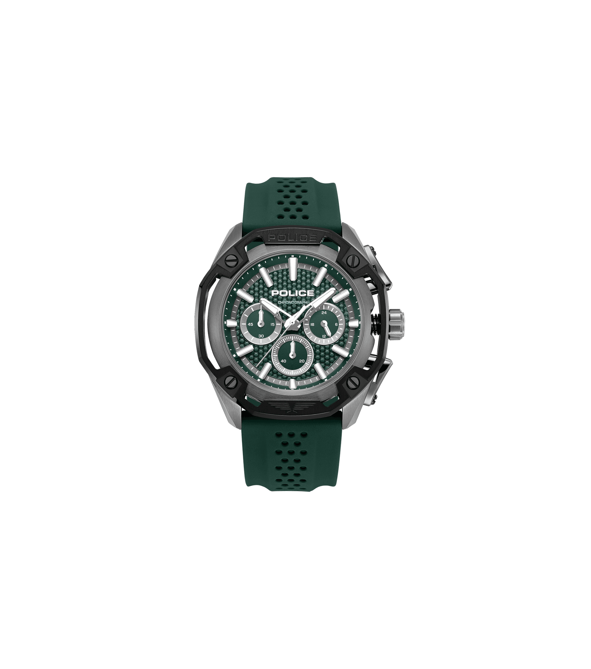 Herrenuhr mit grünem Silikonband, rundem Gehäuse und Chronographenzifferblatt