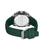 Herrenuhr mit grünem Silikonarmband, Rückseite mit Gehäuseboden und Verschluss