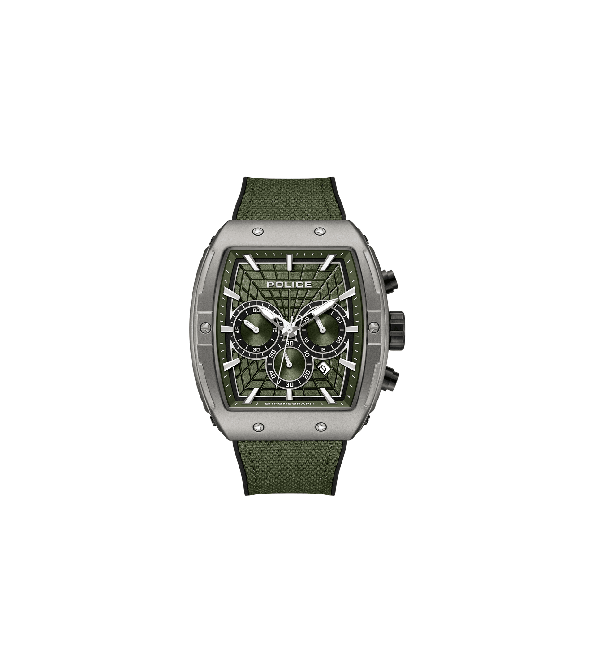 Herren-Quarz-Chronograph mit grünem Zifferblatt und Textilarmband, Mineralglas