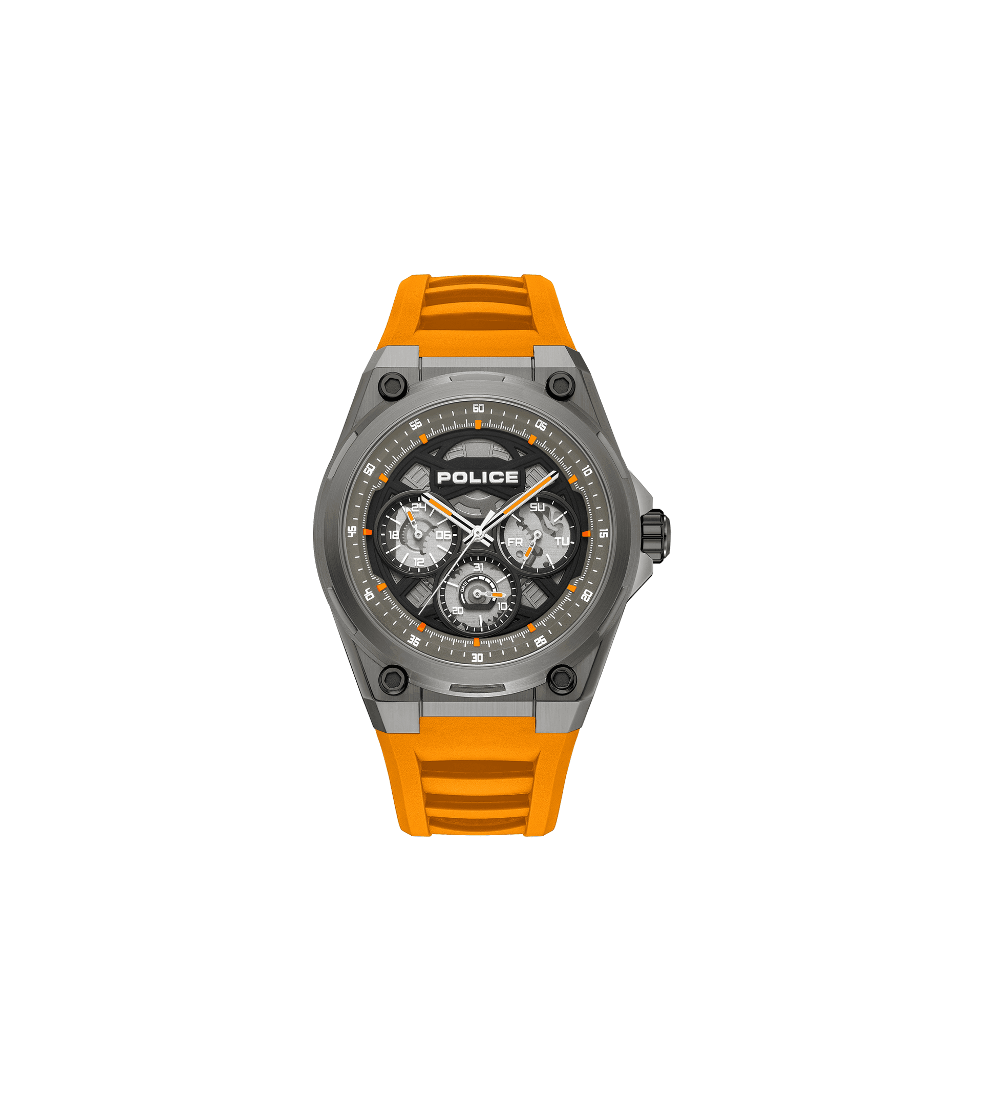 Herrenuhr: orangefarbenes Silikonarmband, schwarzes Zifferblatt, Edelstahlgehäuse, Police