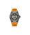 Herrenuhr: orangefarbenes Silikonarmband, schwarzes Zifferblatt, Edelstahlgehäuse, Police