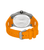 Herrenuhr Rückseite mit orangefarbenem Silikonarmband und silberner Gehäuseplatte, Police