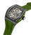 Automatik-Herrenuhr mit Skelettzifferblatt, schwarzem Gehäuse, olivgrünem Band und Krone