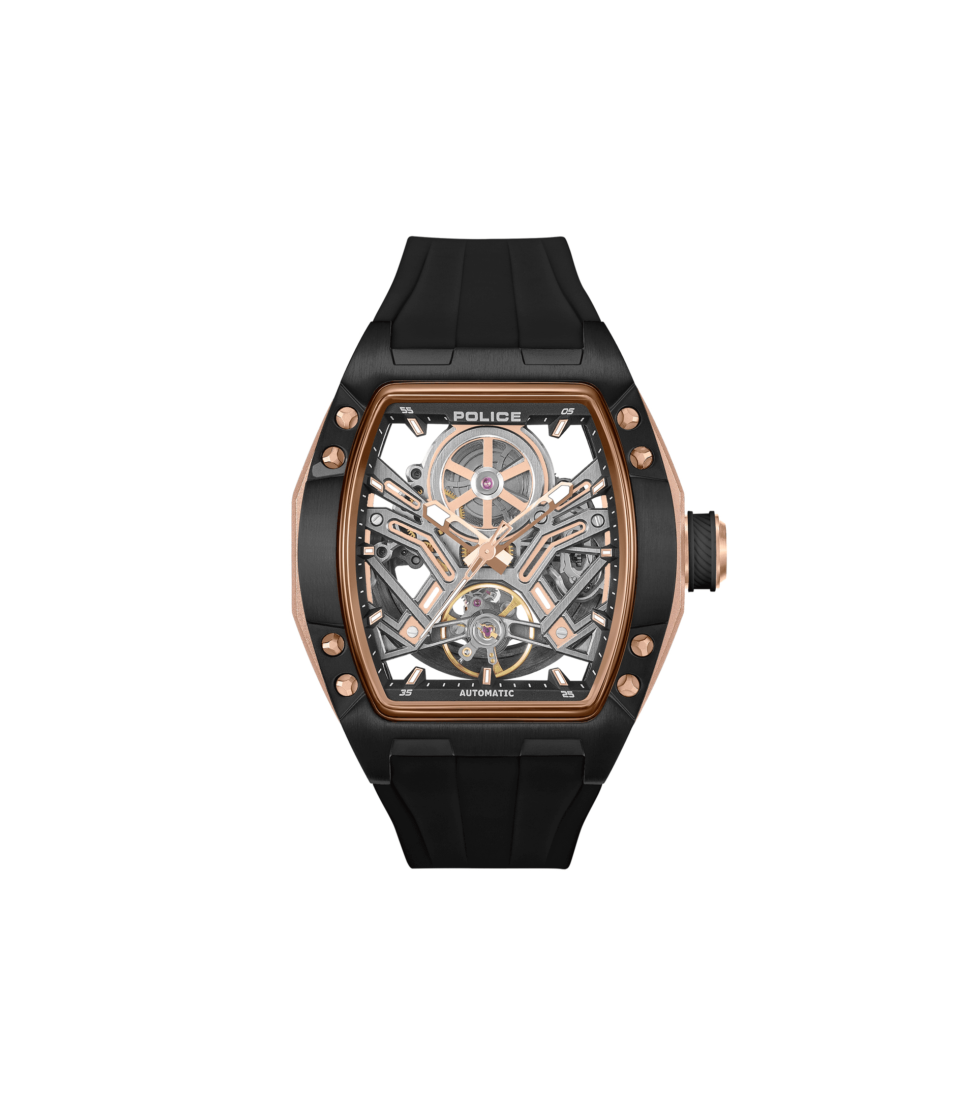Schwarze Herrenarmbanduhr mit Silikonband, skelettiertem Zifferblatt und kupferfarbener Lünette.